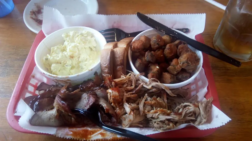 Dinner Plate with Pork Beef Potato Salad & Fried Okra